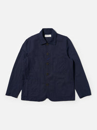 The Navy Linen Slub Weave Bakers Jacket is shown as a flat lay against a plain white background. The jacket features a five-button front closure, a notched collar, and four front patch pockets: one at the chest and three at the waist, including a smaller ticket pocket. The navy fabric has a visible textured slub weave throughout.