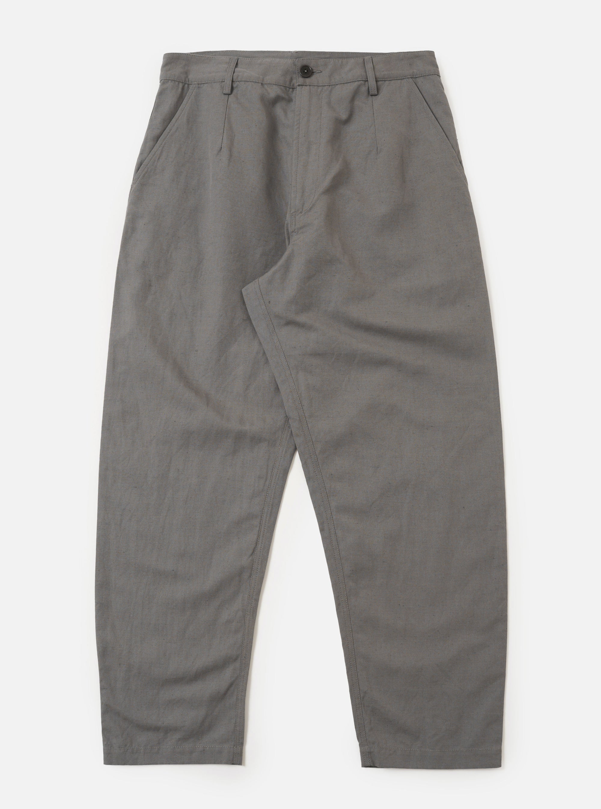The Mid Grey Linen Slub Weave Dizzy Trouser is shown as a flat lay against a solid white background. The image highlights the wide-leg, loose-fit silhouette, a structured waistband with belt loops, and the distinct textured slub weave of the mid-grey fabric.