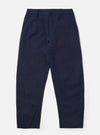 The Navy Linen Slub Weave Dizzy Trouser is shown as a flat lay against a plain white background. The trousers feature a wide, straight-leg silhouette with a visible textured slub weave in the navy blue fabric. The design includes a waistband with belt loops, two front slant pockets, and a button-and-zip fly.
