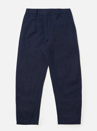 The Navy Linen Slub Weave Dizzy Trouser is shown as a flat lay against a plain white background. The trousers feature a wide, straight-leg silhouette with a visible textured slub weave in the navy blue fabric. The design includes a waistband with belt loops, two front slant pockets, and a button-and-zip fly.