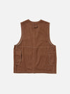 The back of the Brown Meco Denim Marine Gilet is displayed flat against a plain white background. The garment features a simple, sleeveless construction with a straight hem and visible tonal stitching across the denim fabric.