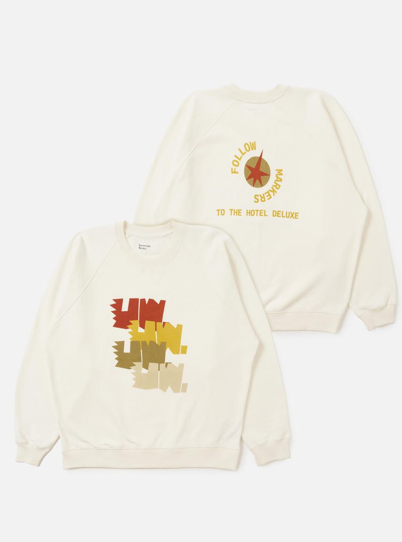 The Ecru Brush Back Sweat FM Raglan Sweatshirt is displayed flat against a plain white background. The image shows both the front and back of the garment, highlighting the raglan sleeves, ribbed crew neck, cuffs, and hem.
