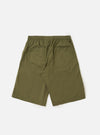 The Olive Broadcloth Vacation Short is shown from a rear angle, laid flat against a solid white background. The image highlights the back of the shorts, featuring a single patch pocket on the right side and an elasticated waistband with a drawstring.
