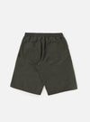 A model is shown from the waist down wearing the Olive Marl Tropical Suiting Vacation Short against a plain white background. The shorts feature a relaxed, knee-length fit and a drawstring waist, highlighting the textured olive marl fabric. The model's hands are placed in the side seam pockets.