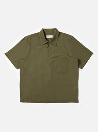 The Olive Broadcloth Ewan Shirt is displayed flat against a plain white background. The shirt features a relaxed, boxy fit with short sleeves, a classic pointed collar, and a distinctive quarter-zip neck closure. The smooth, solid olive green cotton fabric is the prominent feature.