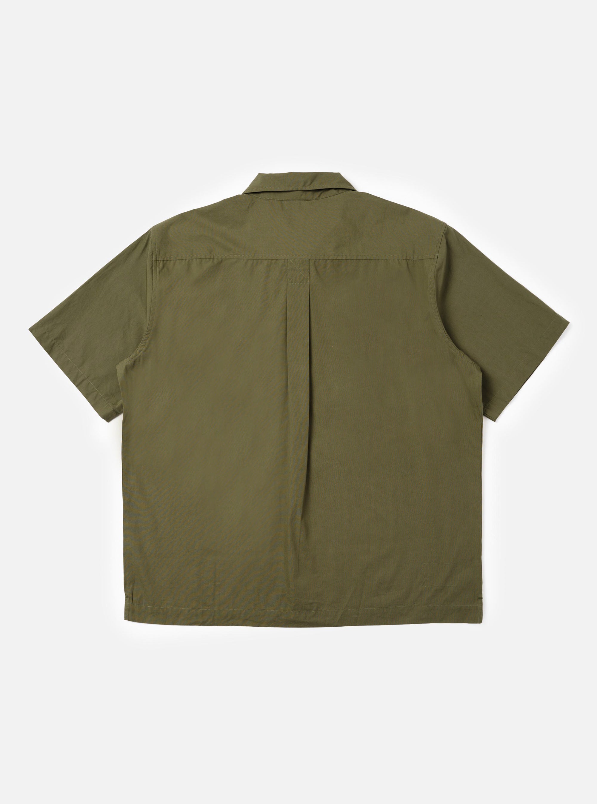 The back of the Olive Broadcloth Ewan Shirt is shown laid flat against a plain white background. The image highlights the short sleeves, a straight hem with small side splits, and a horizontal back yoke with a central box pleat for a relaxed fit.