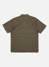 The back of the Olive Linen Cotton Shirting Camp Shirt is displayed flat against a plain white background. The shirt features a straight hem, short sleeves, and a simple horizontal yoke across the shoulders.