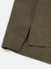 The Olive Linen Cotton Shirting Camp Shirt is shown from the back, laid flat against a plain white background. The image highlights the horizontal back yoke and the slightly elongated rear hem with side splits.