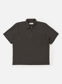 The Brown Marl Tropical Suiting Ewan Shirt is displayed flat against a plain white background. The shirt features a 1/4 zip neck, short sleeves, a classic pointed collar, and a straight hem with side splits. The fabric has a textured brown marl appearance.