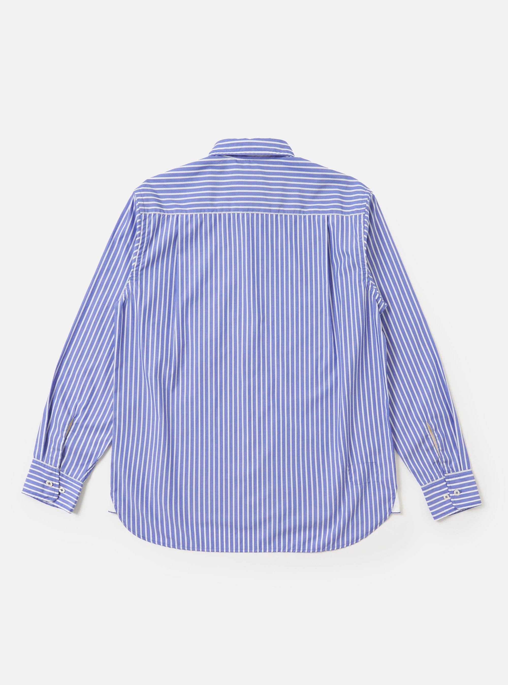 The Blue/White Cotton Stripe Square Pocket Shirt is displayed from a rear-view angle, laid flat against a solid white background. The image highlights the horizontal alignment of the blue and white stripes across the back yoke and the vertical orientation throughout the body of the shirt. Key features shown include the long sleeves and a slightly curved hem.