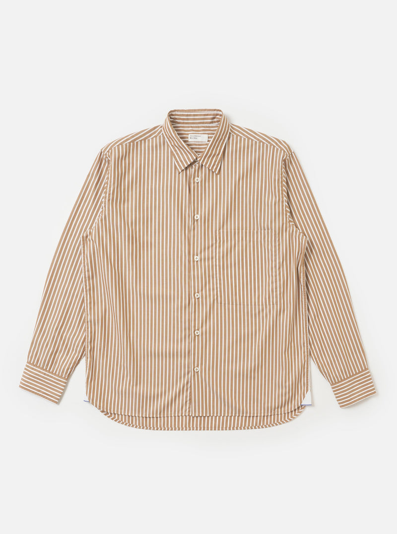 The Brown/White Cotton Stripe Square Pocket Shirt is shown laid flat against a solid white background. The garment features vertical brown and white stripes, a classic pointed collar, a full button-down front, and two large square patch pockets on the chest.
