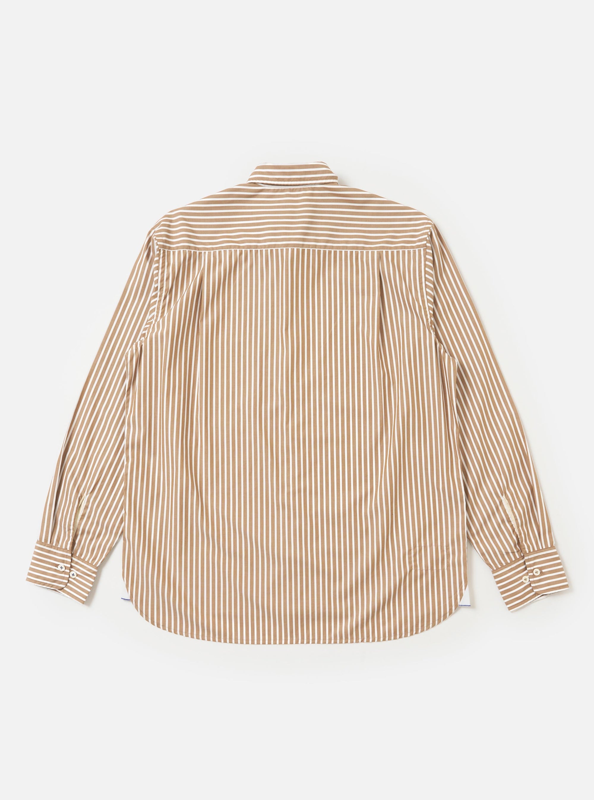 The back of the Brown/White Cotton Stripe Square Pocket Shirt is shown from a rear perspective, laid flat against a solid white background. The image highlights the vertical brown and white stripes, a straight hem, and a horizontal back yoke.