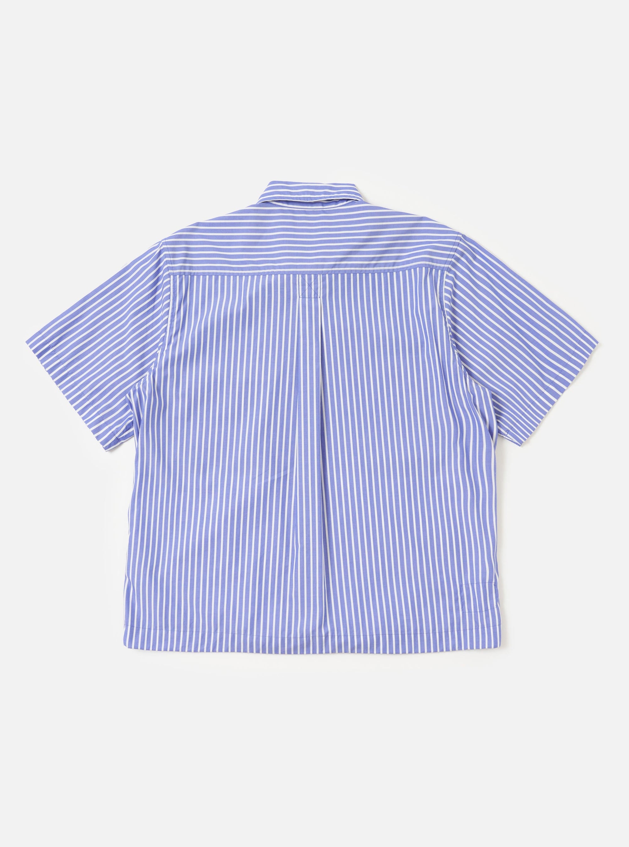 The Blue/White Cotton Stripe Z Tech Overshirt is shown from the back, displayed flat against a plain white background. The image highlights the horizontal blue and white stripes, a straight hem, and a back yoke with a central hang loop.