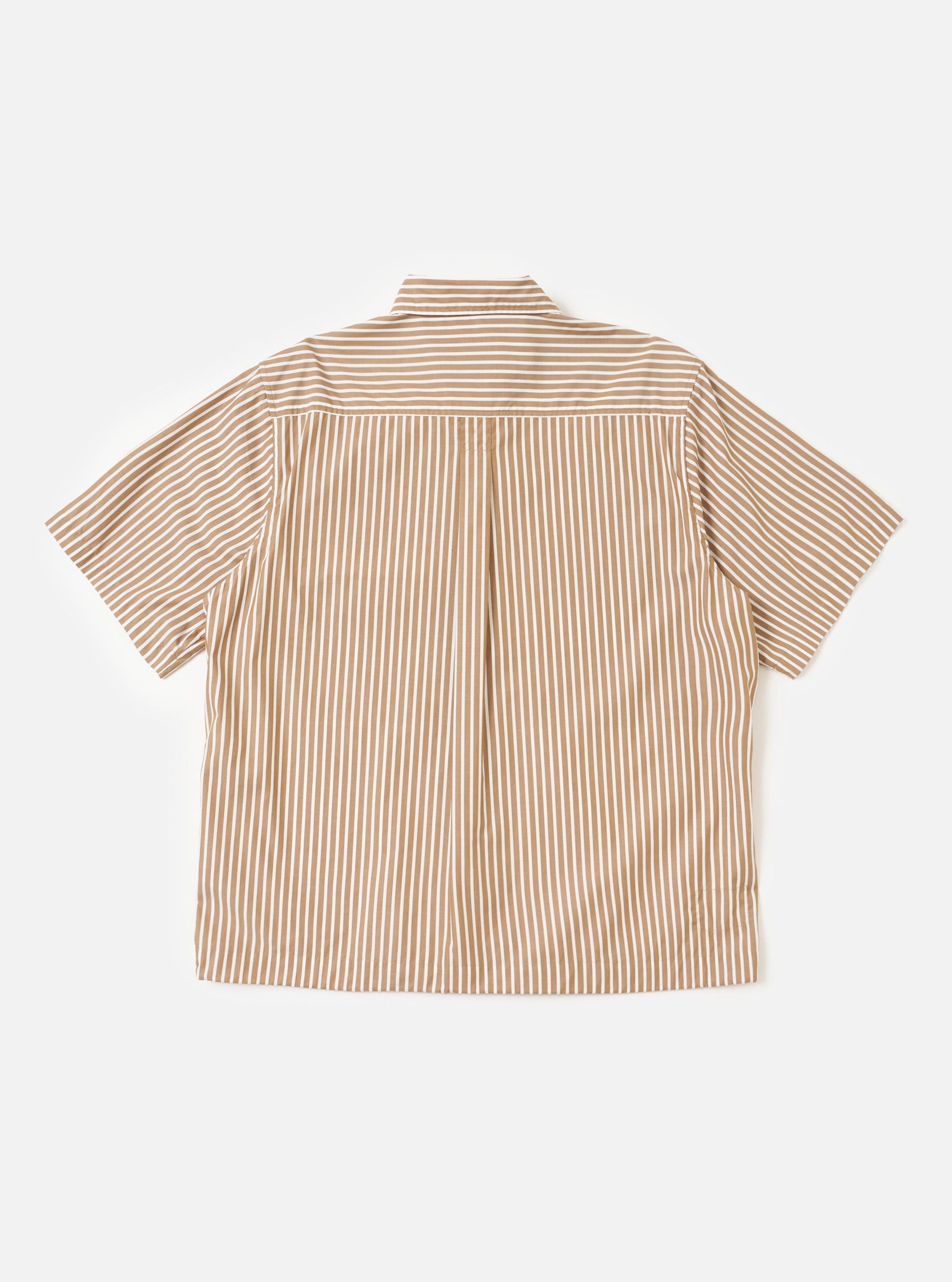 The back of the Brown/White Cotton Stripe Z Tech Overshirt is shown laid flat against a solid white background. The garment features a pattern of vertical brown and white stripes, a straight hem, and a classic pointed collar.