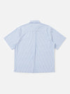 The back of the Sky/White Classic Nipon Stripe Ewan Shirt is displayed flat against a plain white background. The garment features vertical sky blue and white stripes, a horizontal back yoke, and long sleeves.