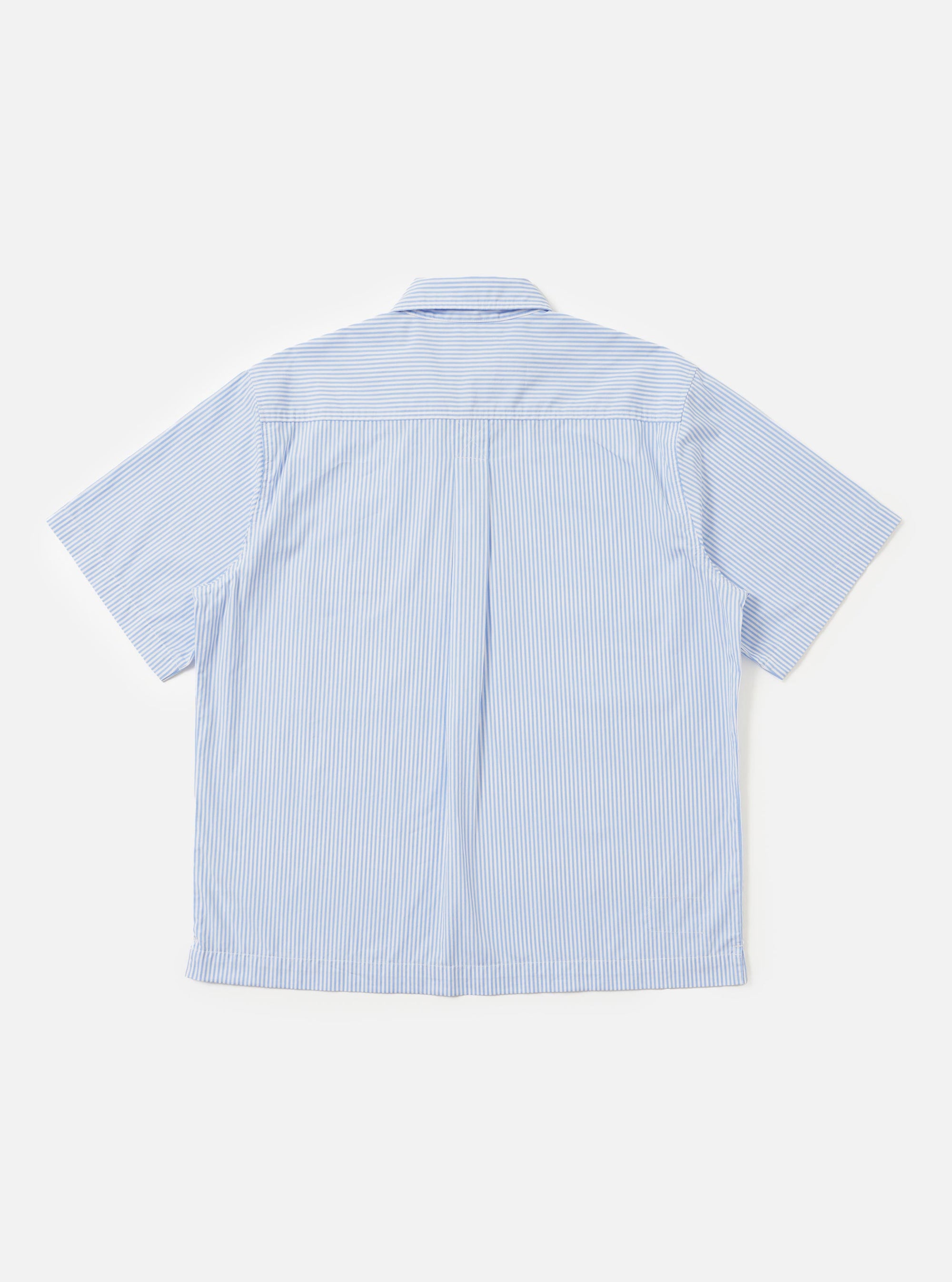 The back of the Sky/White Classic Nipon Stripe Ewan Shirt is displayed flat against a plain white background. The garment features vertical sky blue and white stripes, a horizontal back yoke, and long sleeves.