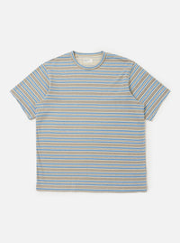 The Pale Blue OS Stripe Jersey Core Tee is shown laid flat against a solid white background. The short-sleeved t-shirt features a light blue and white horizontal stripe pattern, a ribbed crew neckline, and a straight hem.