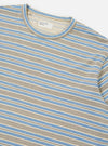 The Pale Blue OS Stripe Jersey Core Tee is shown from the back, laid flat against a plain white background. The image highlights the horizontal light blue and white stripes, the short sleeves, and the straight hem of the garment.