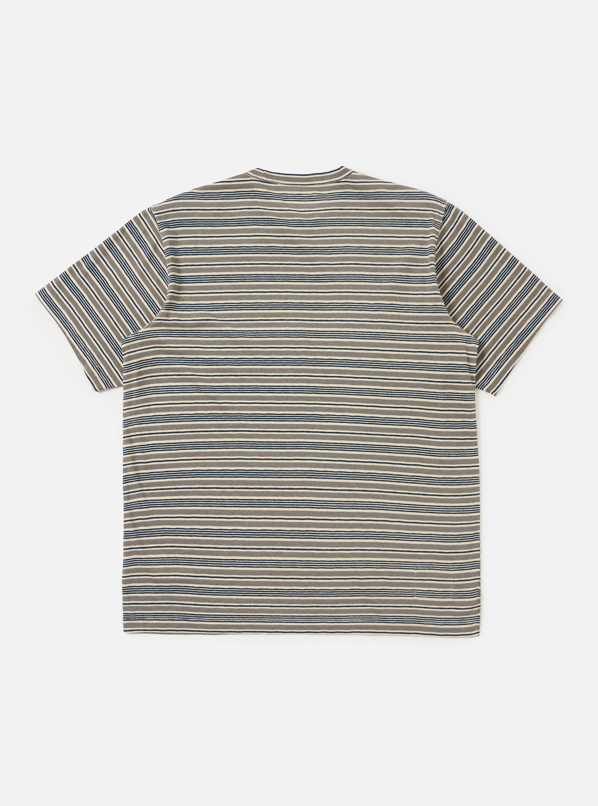 The Grey OS Stripe Jersey Core Tee is shown from the back, laid flat against a plain white background. The image highlights the horizontal grey and white stripes, the straight hem, and the short sleeves.