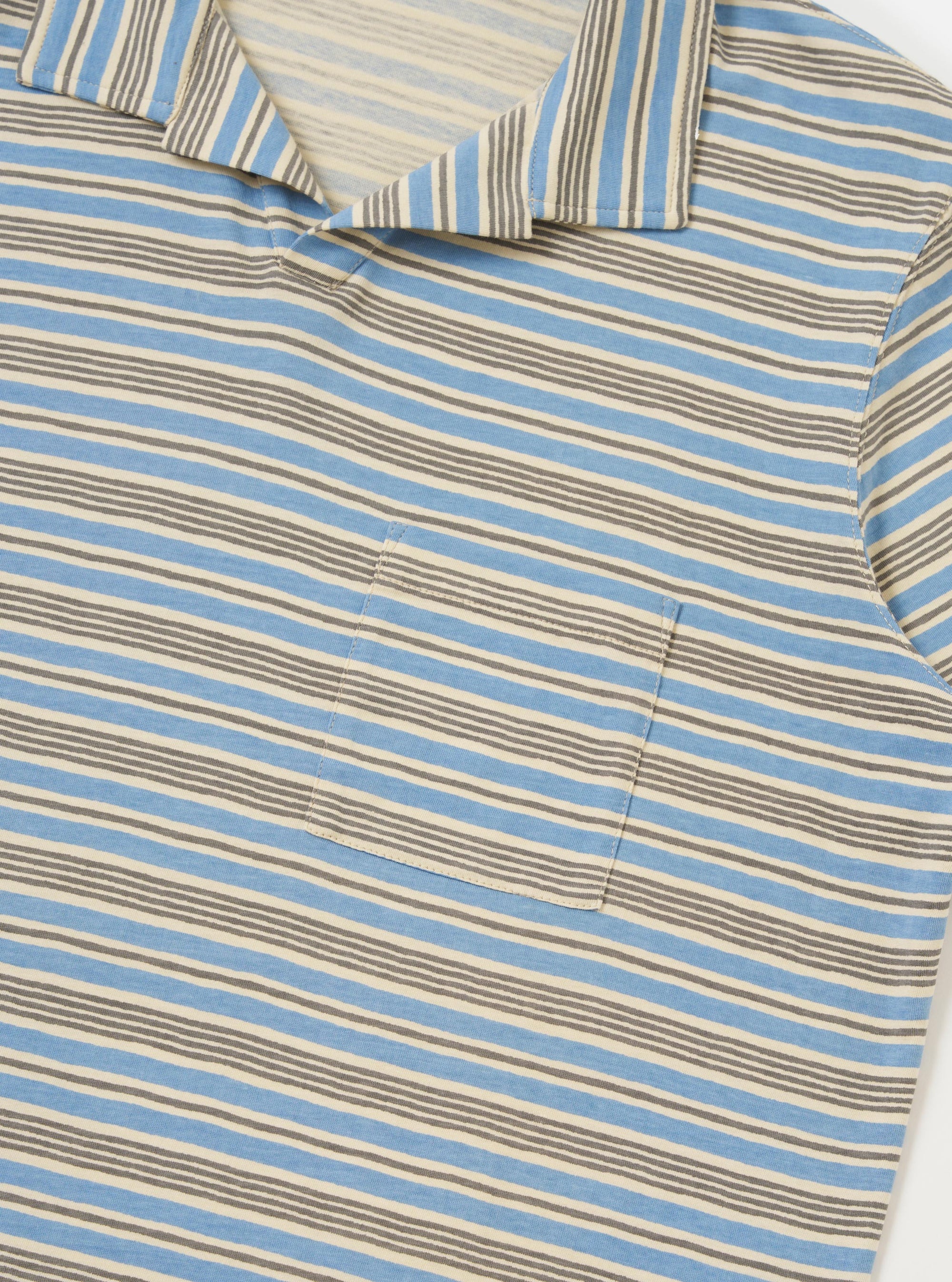 The Pale Blue OS Stripe Jersey Vacation Polo is shown from the back, laid flat against a plain white background. The image highlights the horizontal light blue and white stripes, the straight hem with a slightly dropped back, and the small side vents.