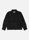 The Black 3D Check Windcheater Jacket is shown laid flat against a plain white background. The jacket features a prominent black and grey 3D checkered pattern, a classic pointed collar, a full-length front zipper, and two large slanted welt pockets at the waist. The hem and cuffs are elasticated, and the garment is displayed without a model or mannequin.