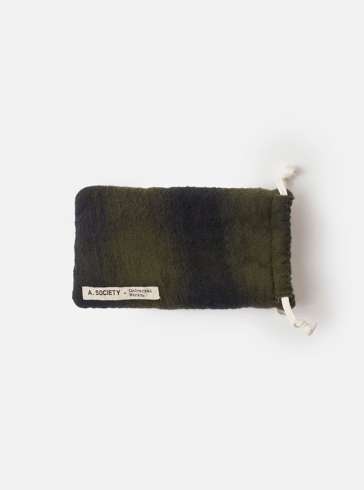 Product photograph of the A. SOCIETY x Universal Works Grey Havana Hollywood Sunglasses set on an olive fabric pouch over a plain white background, highlighting the grey Havana pattern.