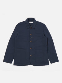 The Navy Twill Bakers Jacket is displayed on a white background. The jacket is a dark navy color and has brown buttons. It has a relaxed fit and is made of a twill material.