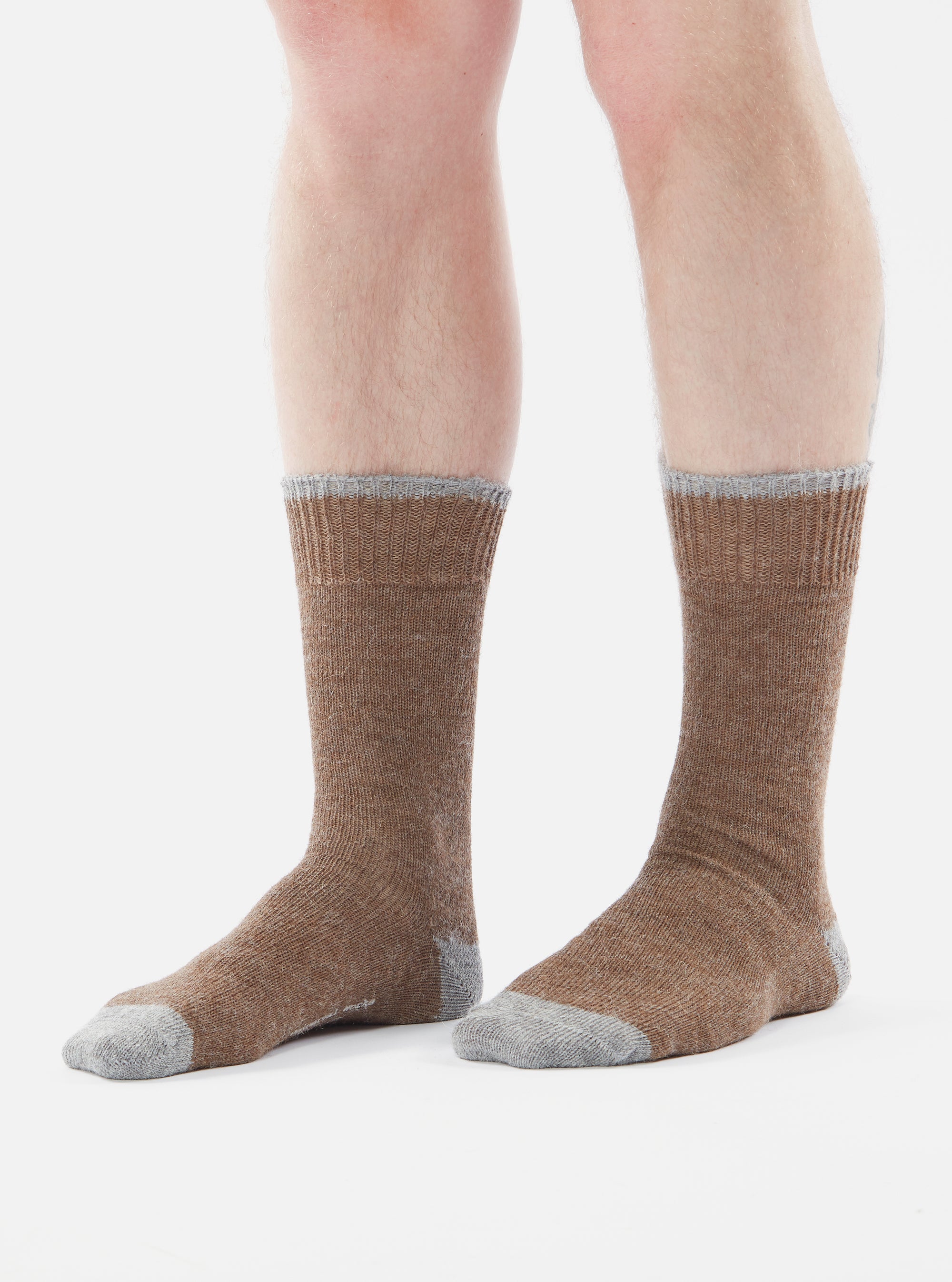A model stands on a white background, wearing a pair of Brown Alpaca Wool Sock. The socks are brown with gray toes and cuffs.