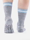 Close-up of the back of two legs wearing Cornish Blue Cotton Everyday Stripe Sock on a white background. The socks are striped with blue and white at the top.