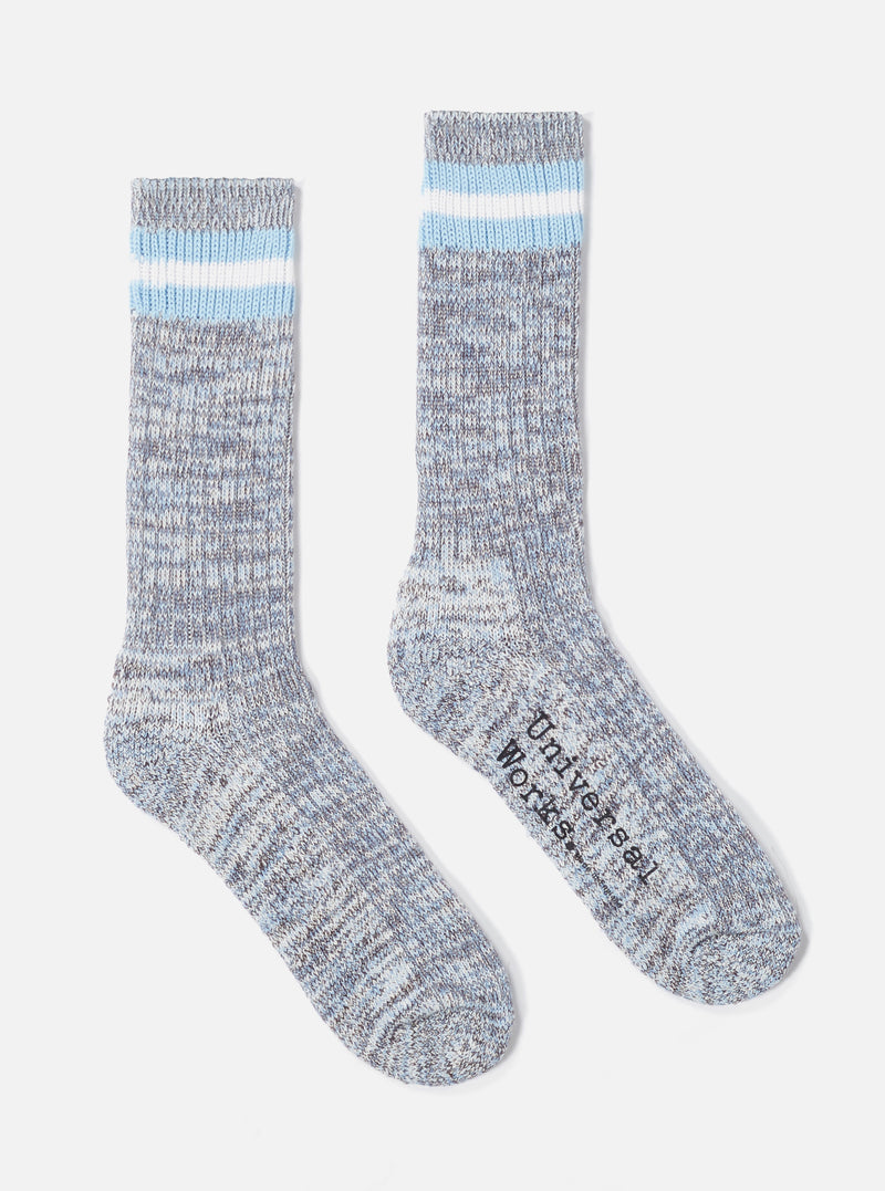 Two Cornish Blue Cotton Everyday Stripe Sock on a white background. The socks are striped with light blue and white at the top.