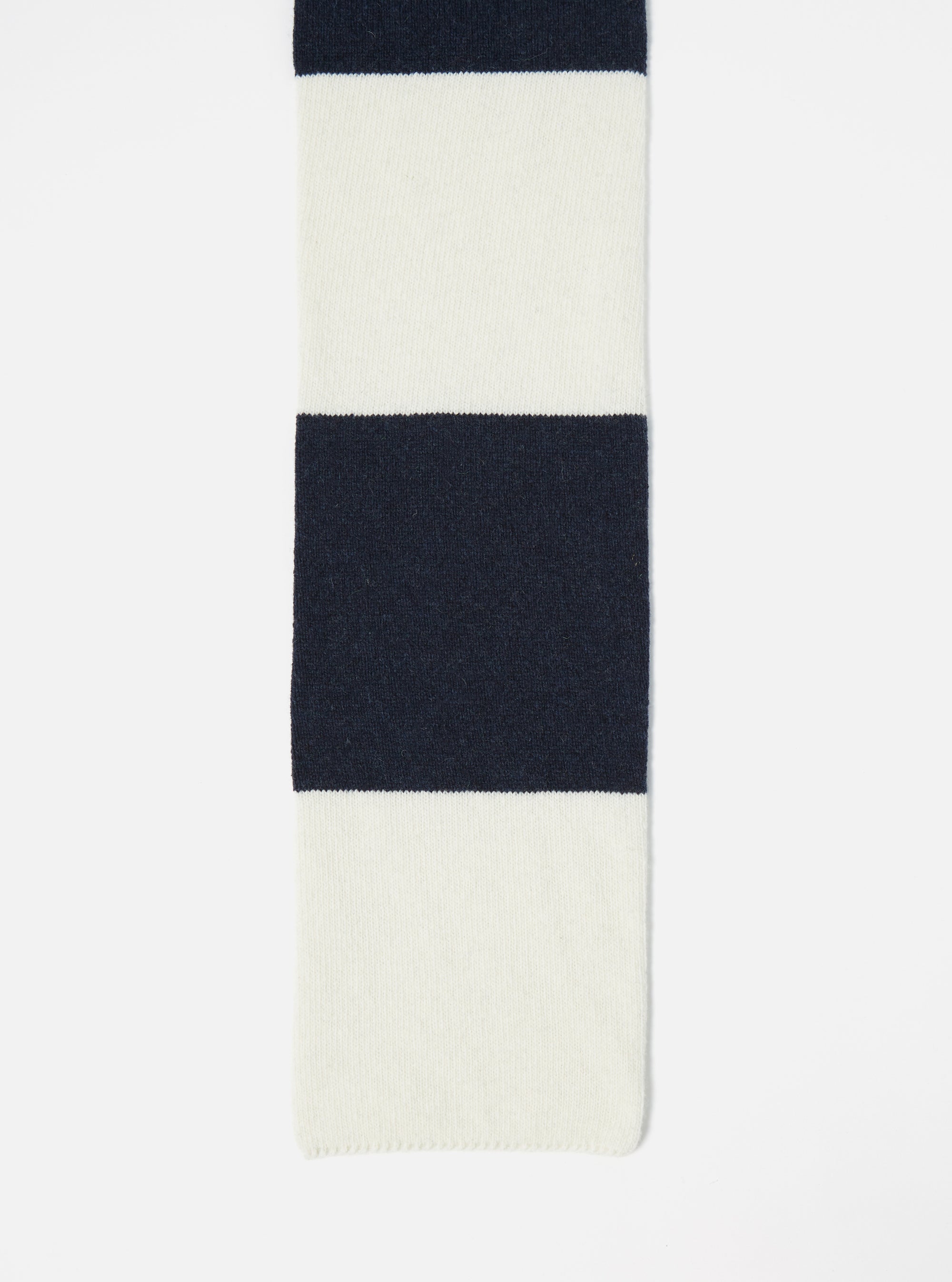 Close-up of the Navy/Ecru Soft Wool Deluxe Football Scarf on a white background. The scarf features alternating navy and ecru stripes.
