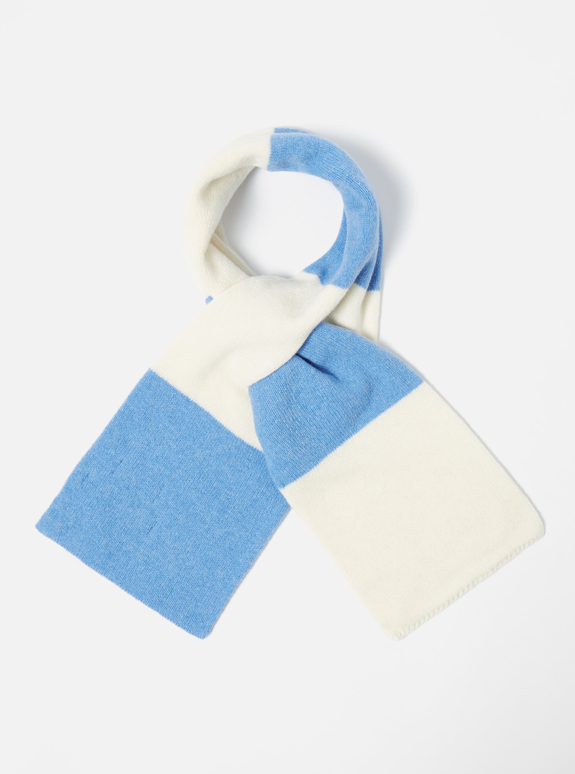 The Ecru/Sky Soft Wool Deluxe Football Scarf is displayed on a white background. The scarf features alternating stripes of ecru and sky blue.
