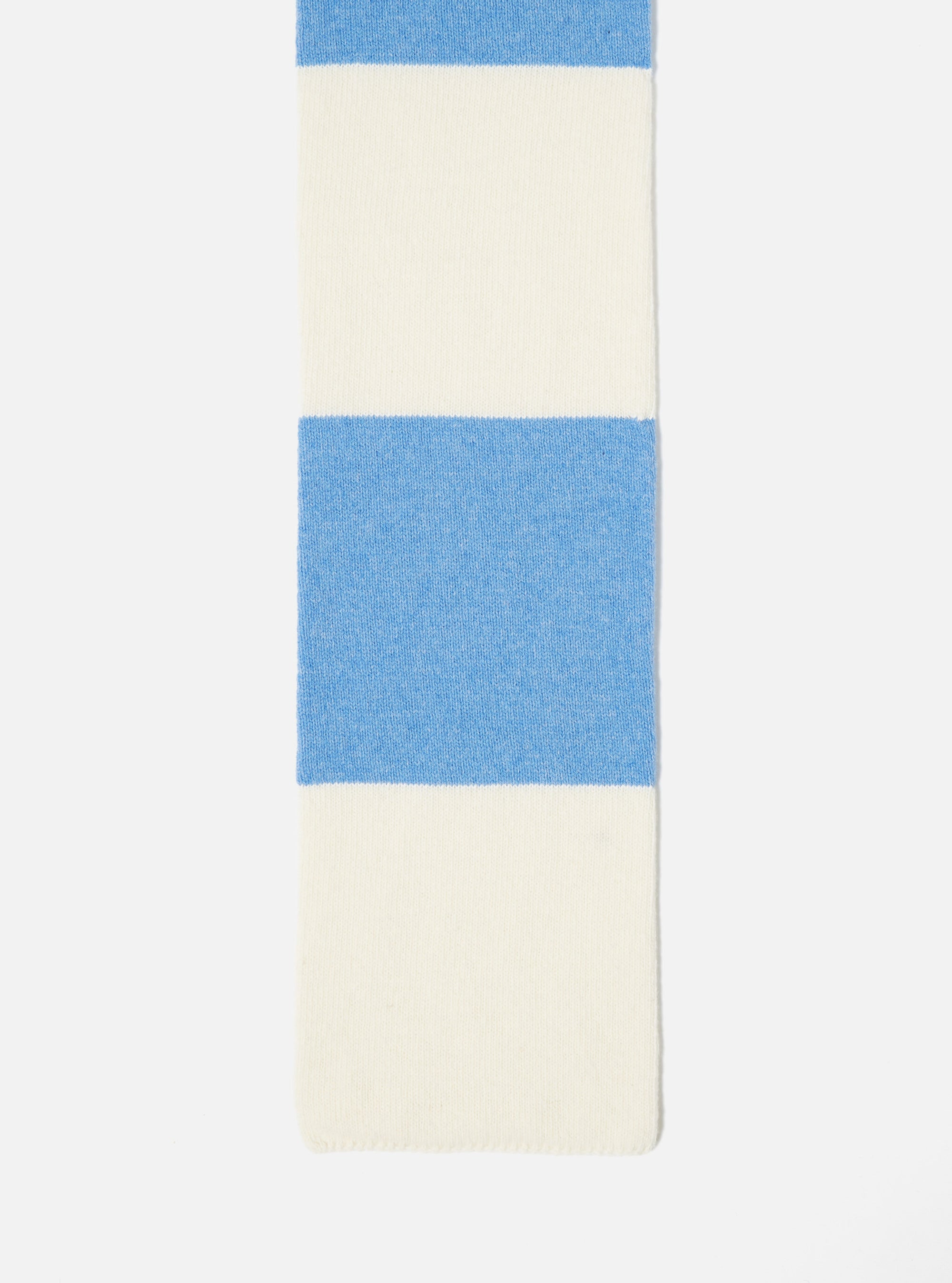 Close-up of the Ecru/Sky Soft Wool Deluxe Football Scarf on a white background. The scarf features alternating stripes of ecru and sky blue.