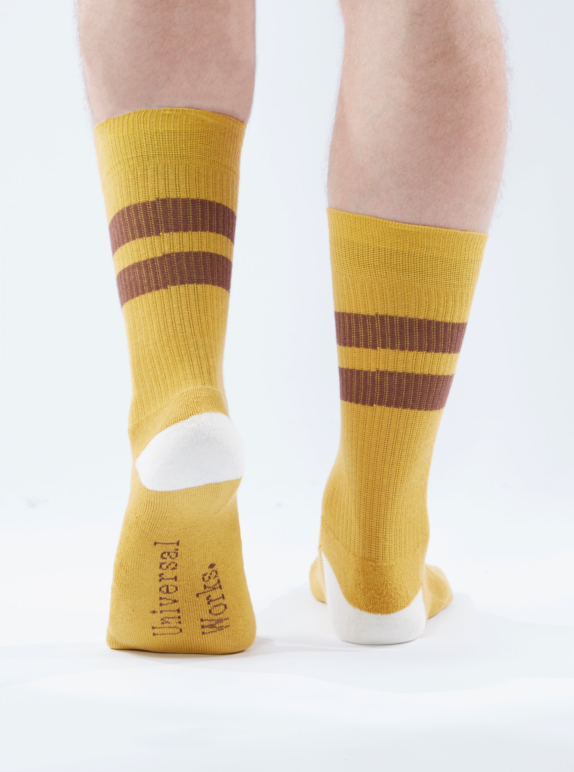 A model wears Yellow/Raisin Cotton Rib Sport Sock on a white background. The socks are yellow with raisin stripes and a white heel. The brand name is written on the sock.