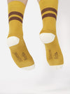A pair of Yellow/Raisin Cotton Rib Sport Sock on a model against a white background. The socks are yellow with raisin-colored stripes and ribbing.
